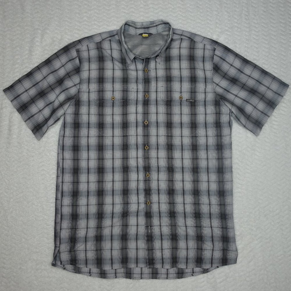 Eddie Bauer Button Up Shirt Adults Tall Large Gray Plaid Outdoors Fishing Mens